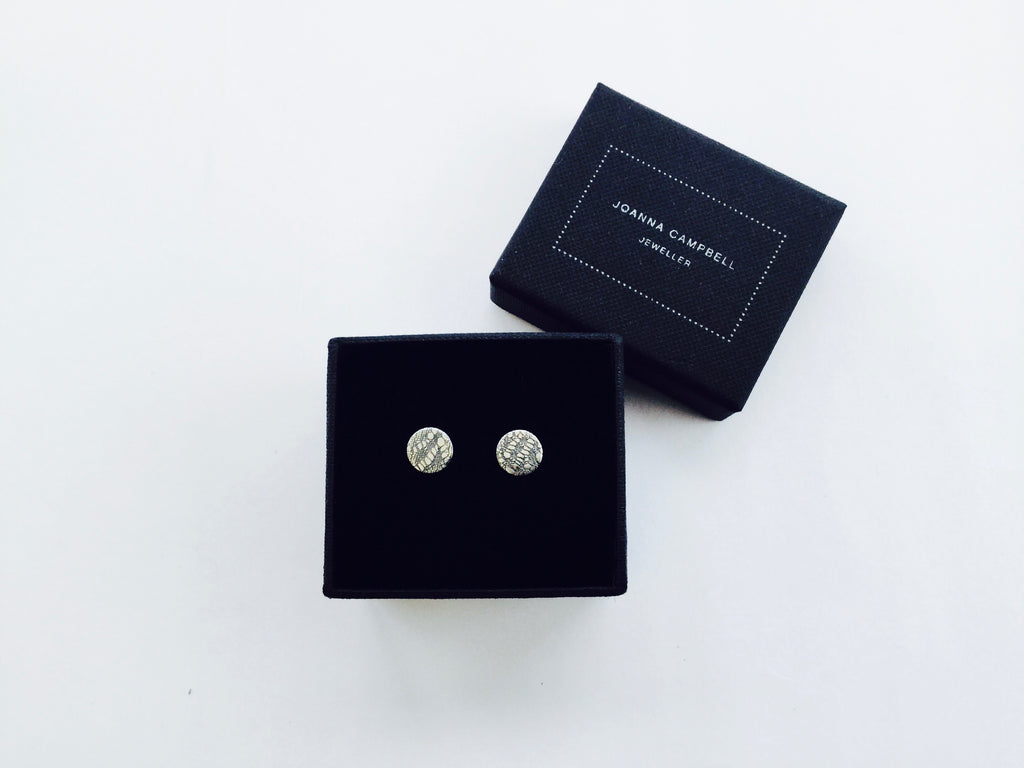Disc Stud Earring, Valenciennes Lace - oxidised silver